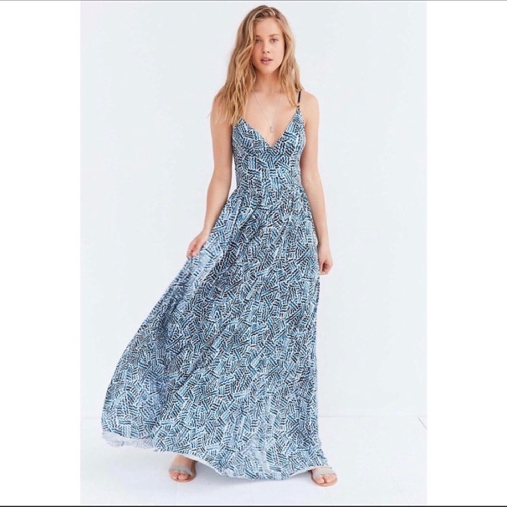 Silence + noise blue patterned backless maxi dress